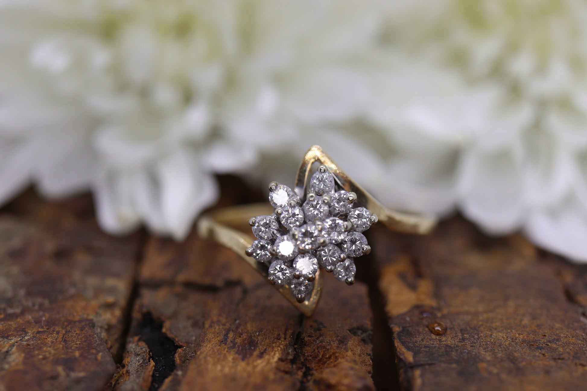 14k Yellow Gold Bypass daisy Ring. Round Diamond Cluster Ring. Waterfall diamond. 1/2ctw diamonds st(138/11)