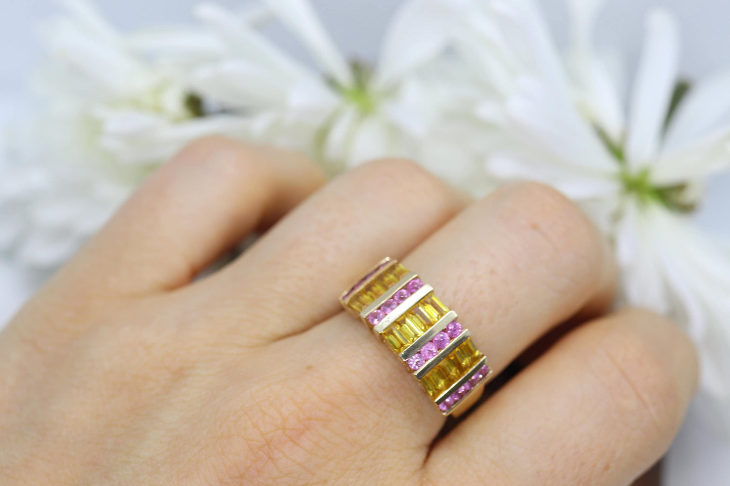 Pink & Yellow SAPPHIRE band. 14k Samuel Aaron Channel set round baguette sapphires. st(172/50)