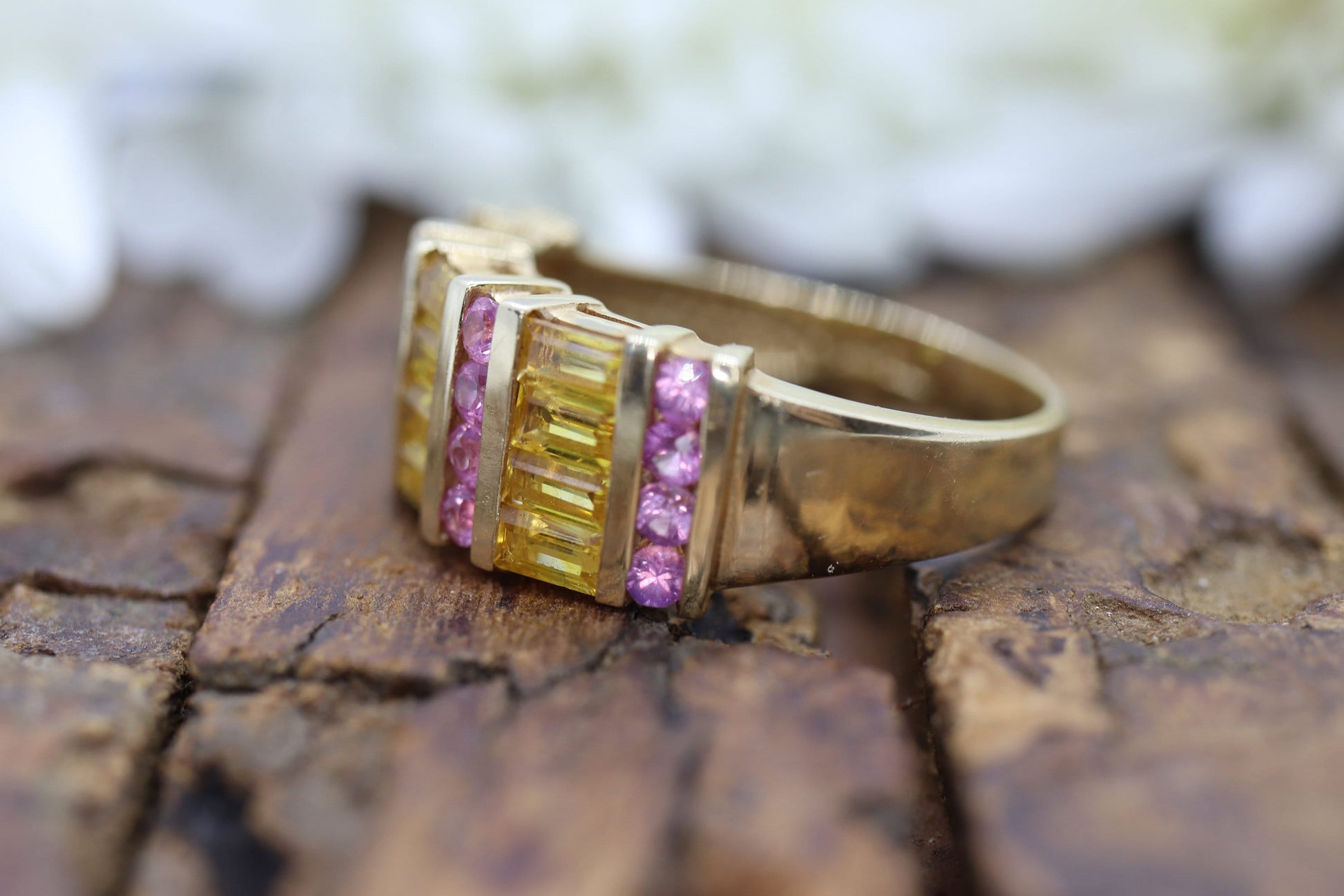 Pink & Yellow SAPPHIRE band. 14k Samuel Aaron Channel set round baguette sapphires. st(172/50)