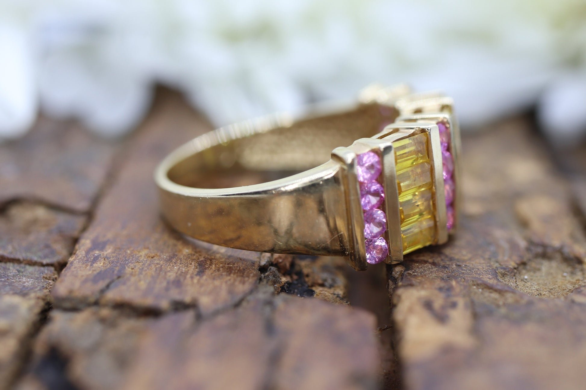 Pink & Yellow SAPPHIRE band. 14k Samuel Aaron Channel set round baguette sapphires. st(172/50)