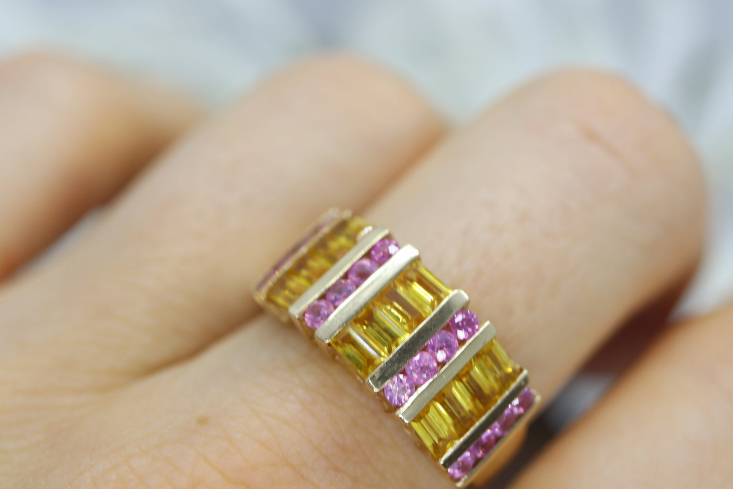 Pink & Yellow SAPPHIRE band. 14k Samuel Aaron Channel set round baguette sapphires. st(172/50)