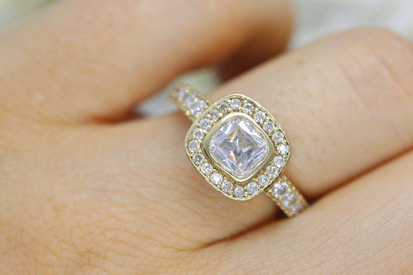 14k Bezel set Solitaire Ring.  Yellow Gold and CZ wide Halo ring st(115/11)