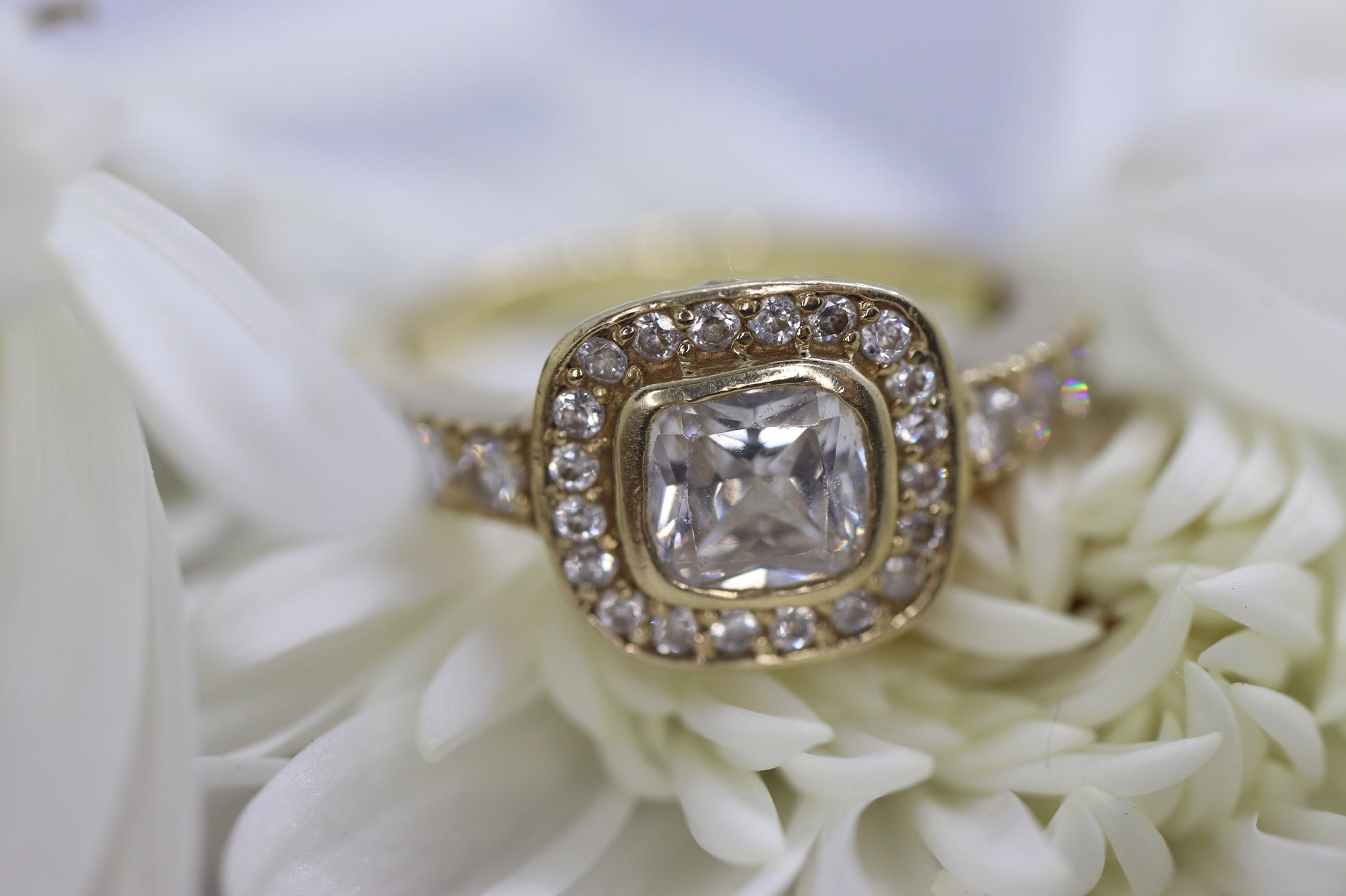 14k Bezel set Solitaire Ring.  Yellow Gold and CZ wide Halo ring st(115/11)