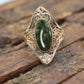 10k Open Flowers Shield and Green Moss Agate ring. Skinny Dainty 10k PSCo Stamped ring. st97/75