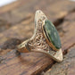 10k Open Flowers Shield and Green Moss Agate ring. Skinny Dainty 10k PSCo Stamped ring. st97/75