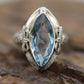Swiss Blue Topaz Ring. 14k White Gold Filigree Design.  Art Deco 1920 Era. Statement band. st(173/65)