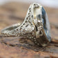 Swiss Blue Topaz Ring. 14k White Gold Filigree Design.  Art Deco 1920 Era. Statement band. st(173/65)