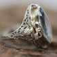 Swiss Blue Topaz Ring. 14k White Gold Filigree Design.  Art Deco 1920 Era. Statement band. st(173/65)