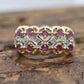 14k Ruby and Diamond Wide Cluster Filigree ring. 14k Yellow Gold and diamond ruby statement band st115/00
