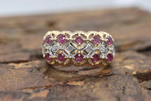 14k Ruby and Diamond Wide Cluster Filigree ring. 14k Yellow Gold and diamond ruby statement band st115/00