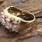 14k Ruby and Diamond Wide Cluster Filigree ring. 14k Yellow Gold and diamond ruby statement band st115/00