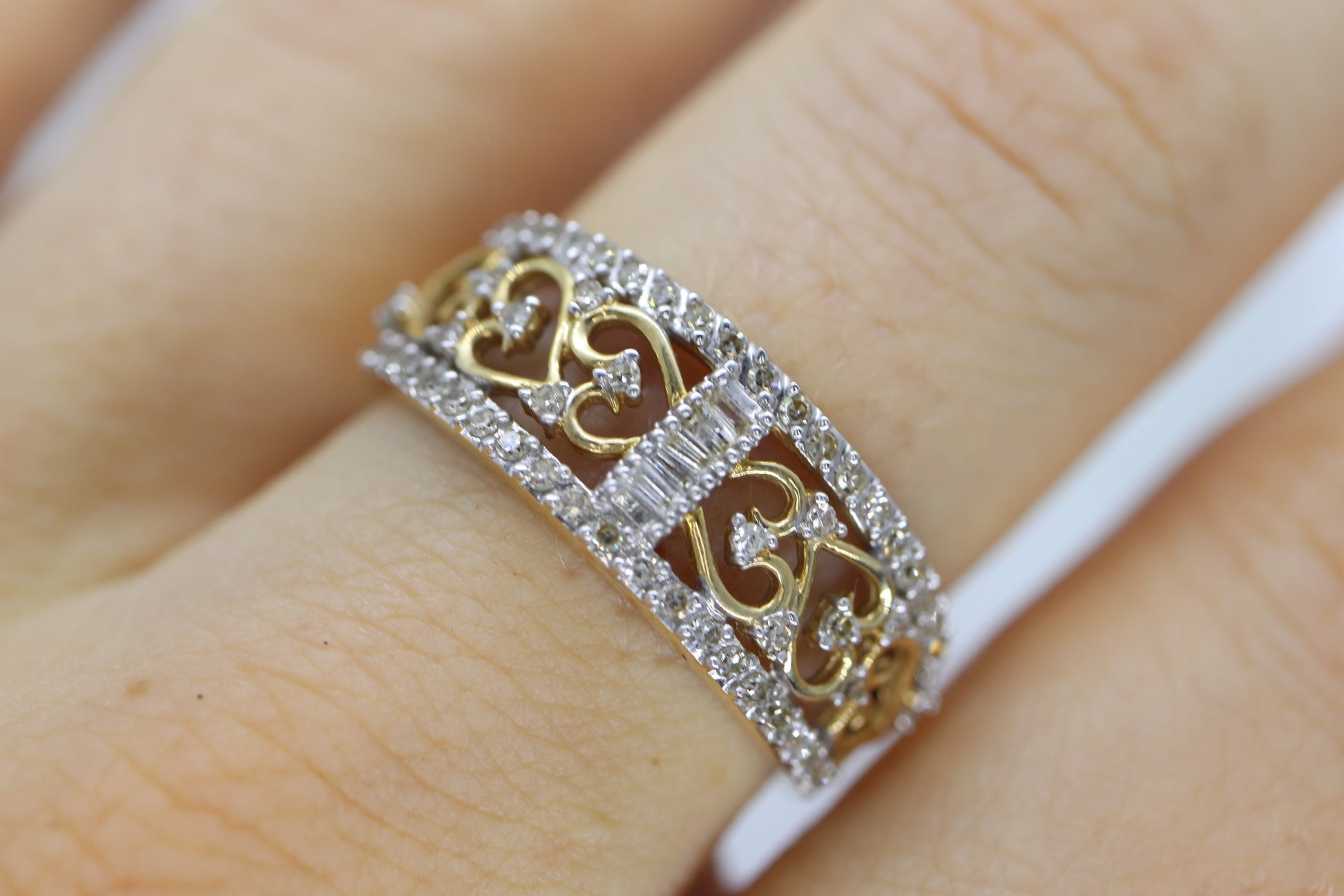 14k Diamond Dome band. Diamond Filigree Intricate Detail Open scroll ring. Baguette and Round diamonds. st(126/50)