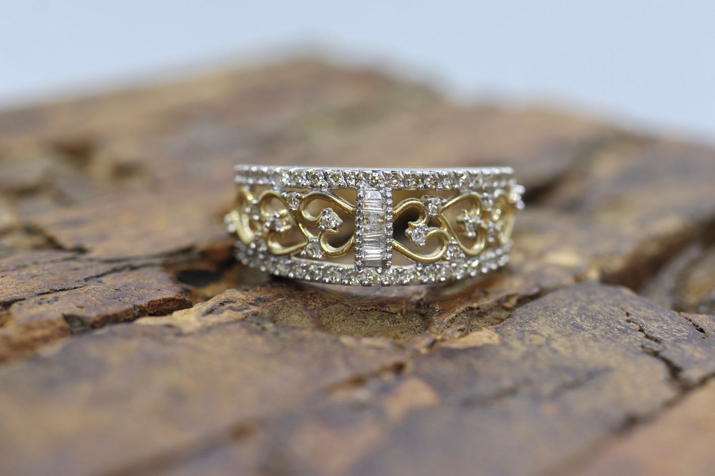 14k Diamond Dome band. Diamond Filigree Intricate Detail Open scroll ring. Baguette and Round diamonds. st(126/50)