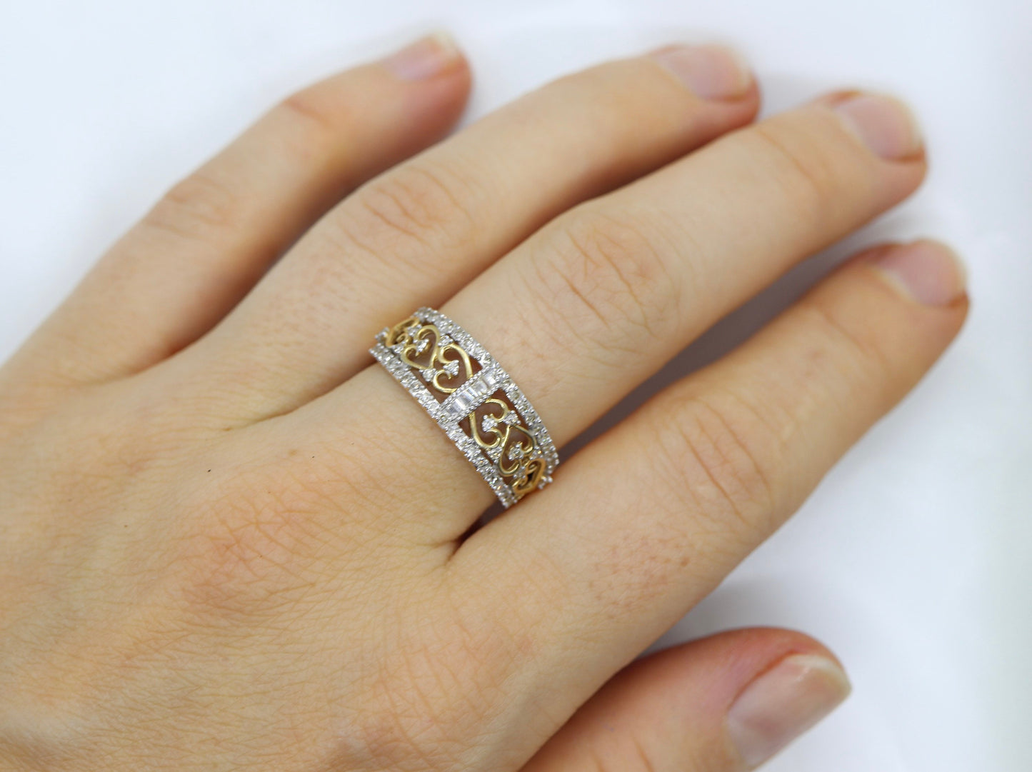 14k Diamond Dome band. Diamond Filigree Intricate Detail Open scroll ring. Baguette and Round diamonds. st(126/50)