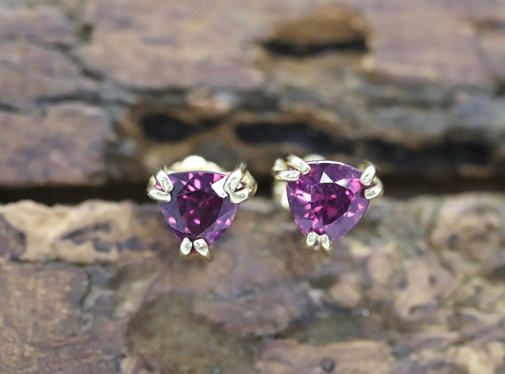 14k Tourmaline Stud Earrings. Rubellite Pink Tourmaline Trillion Cut Stud Prong earrings. st(30/66)