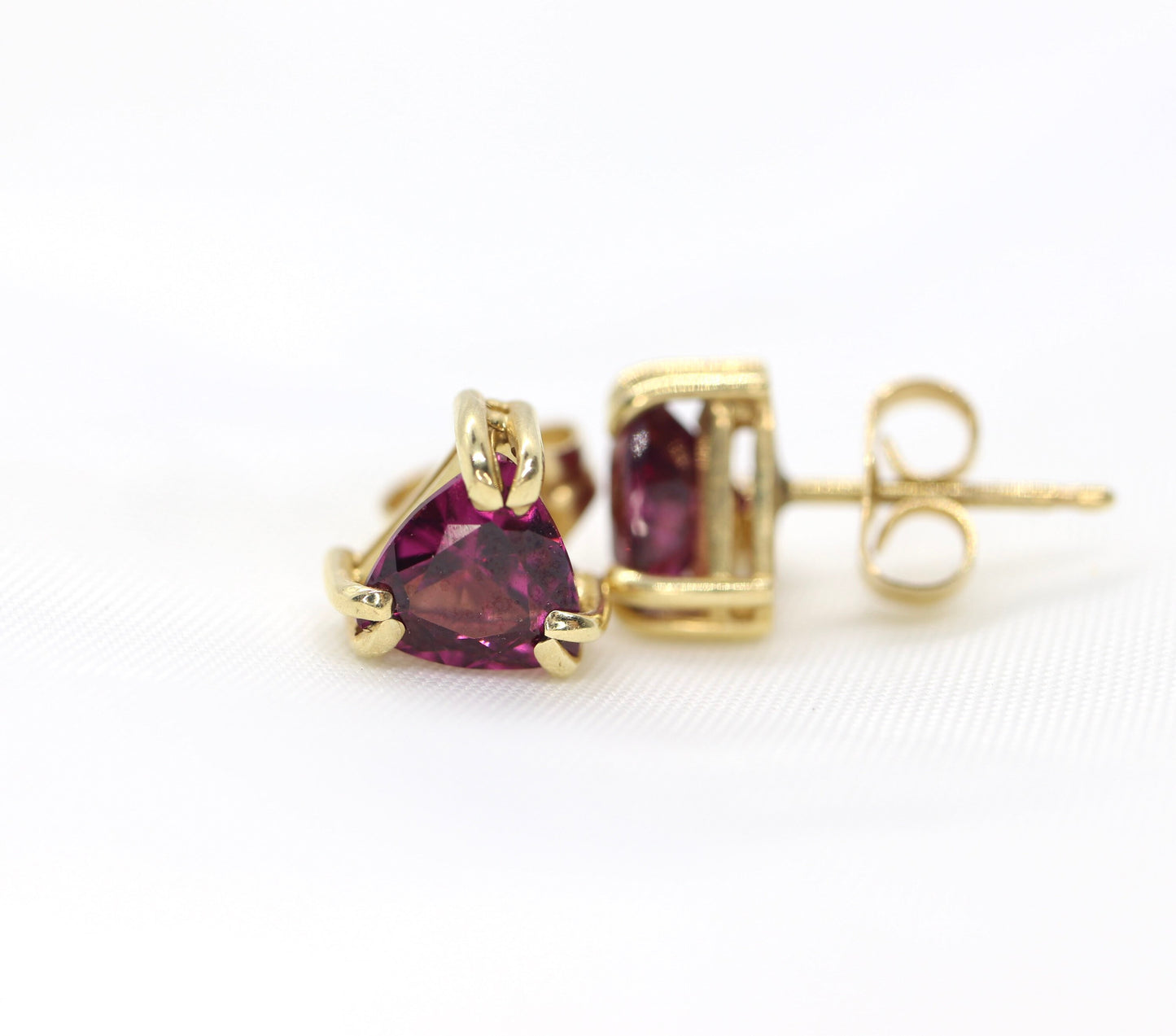 14k Tourmaline Stud Earrings. Rubellite Pink Tourmaline Trillion Cut Stud Prong earrings. st(30/66)