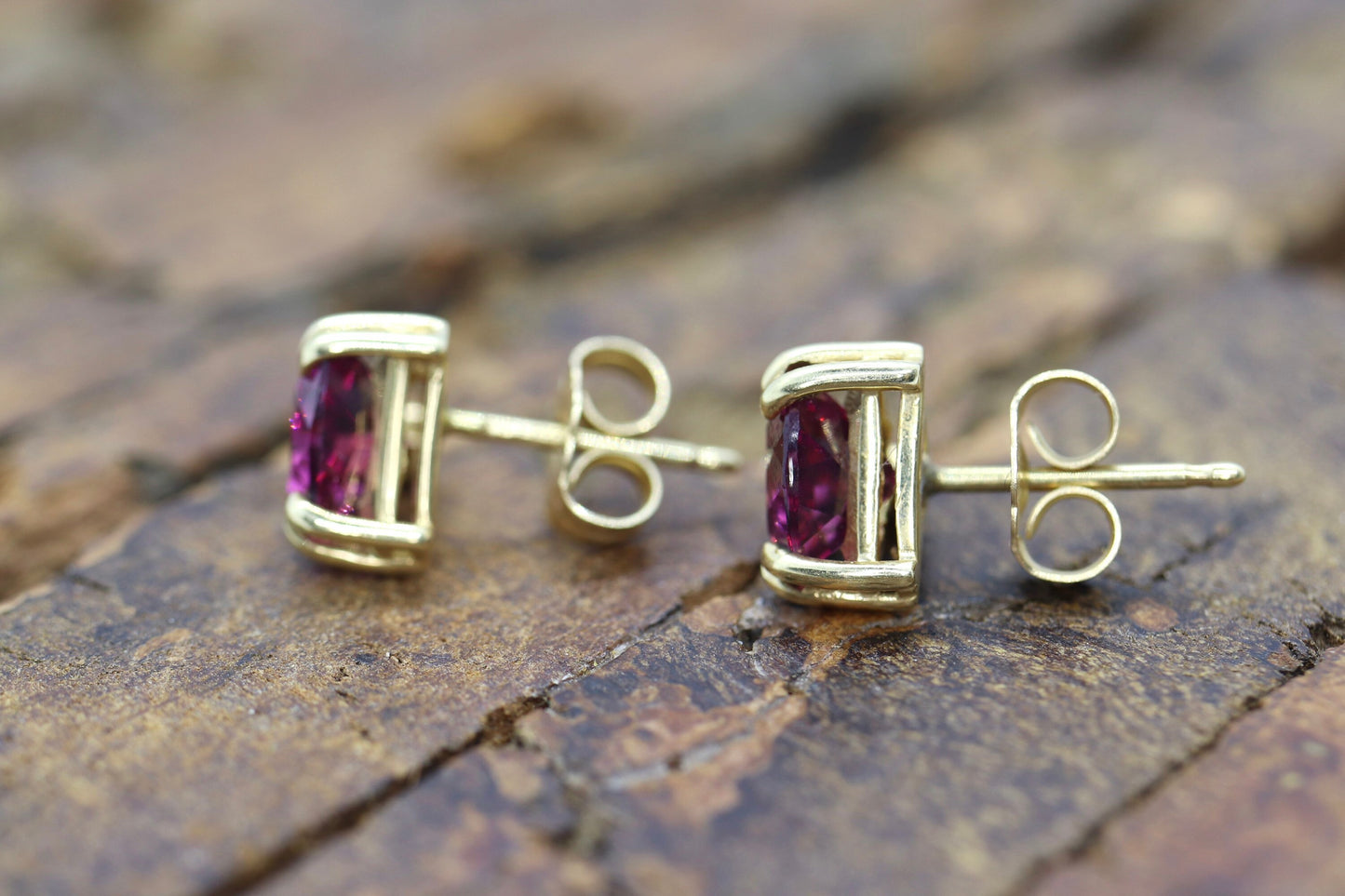 14k Tourmaline Stud Earrings. Rubellite Pink Tourmaline Trillion Cut Stud Prong earrings. st(30/66)