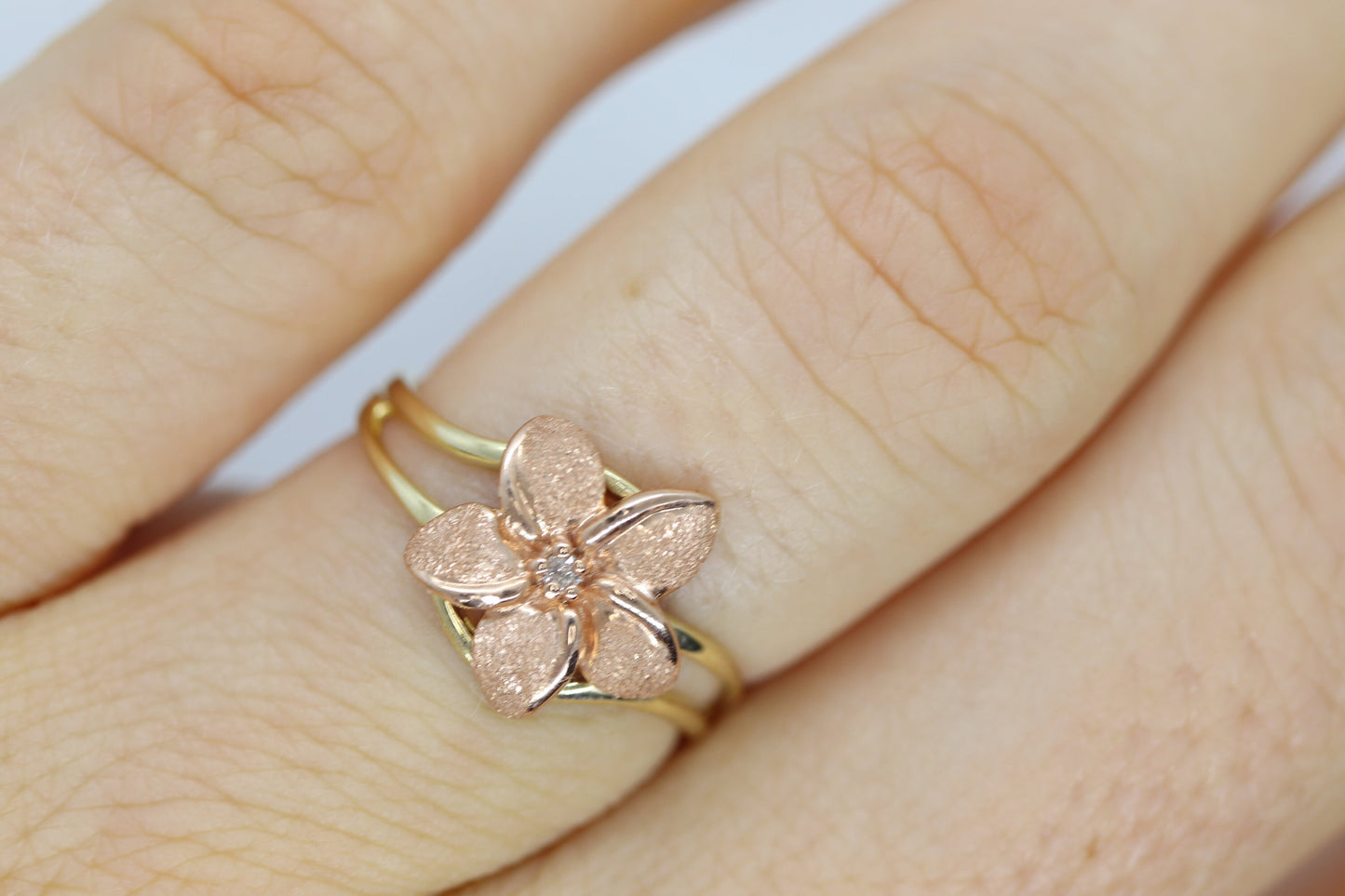 14k Flower Plumeria Diamond ring. Plumeria Ring 14k Rose Gold / Yellow Gold. Satin Textured. st48/87