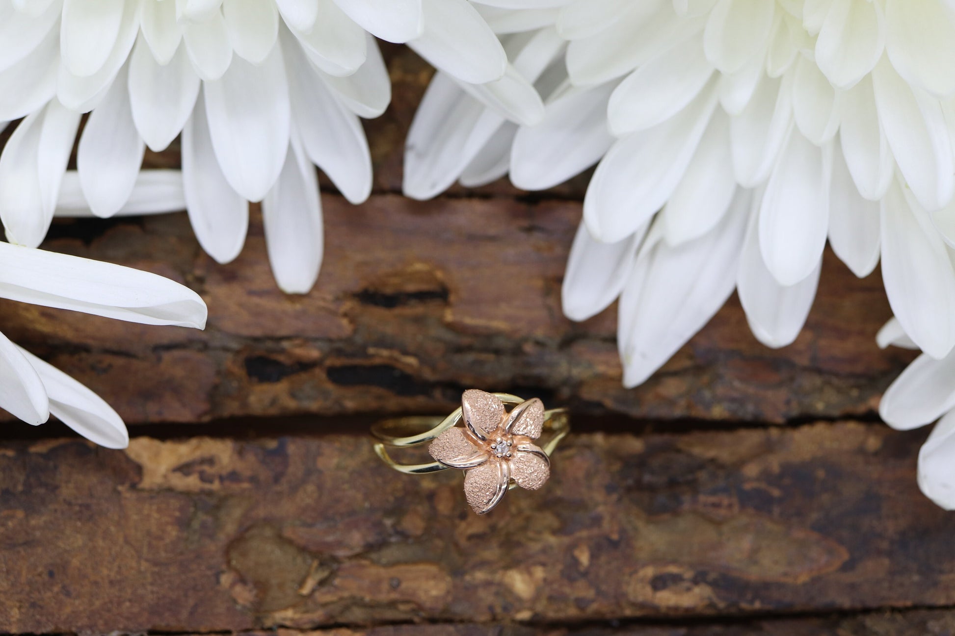 14k Flower Plumeria Diamond ring. Plumeria Ring 14k Rose Gold / Yellow Gold. Satin Textured. st48/87