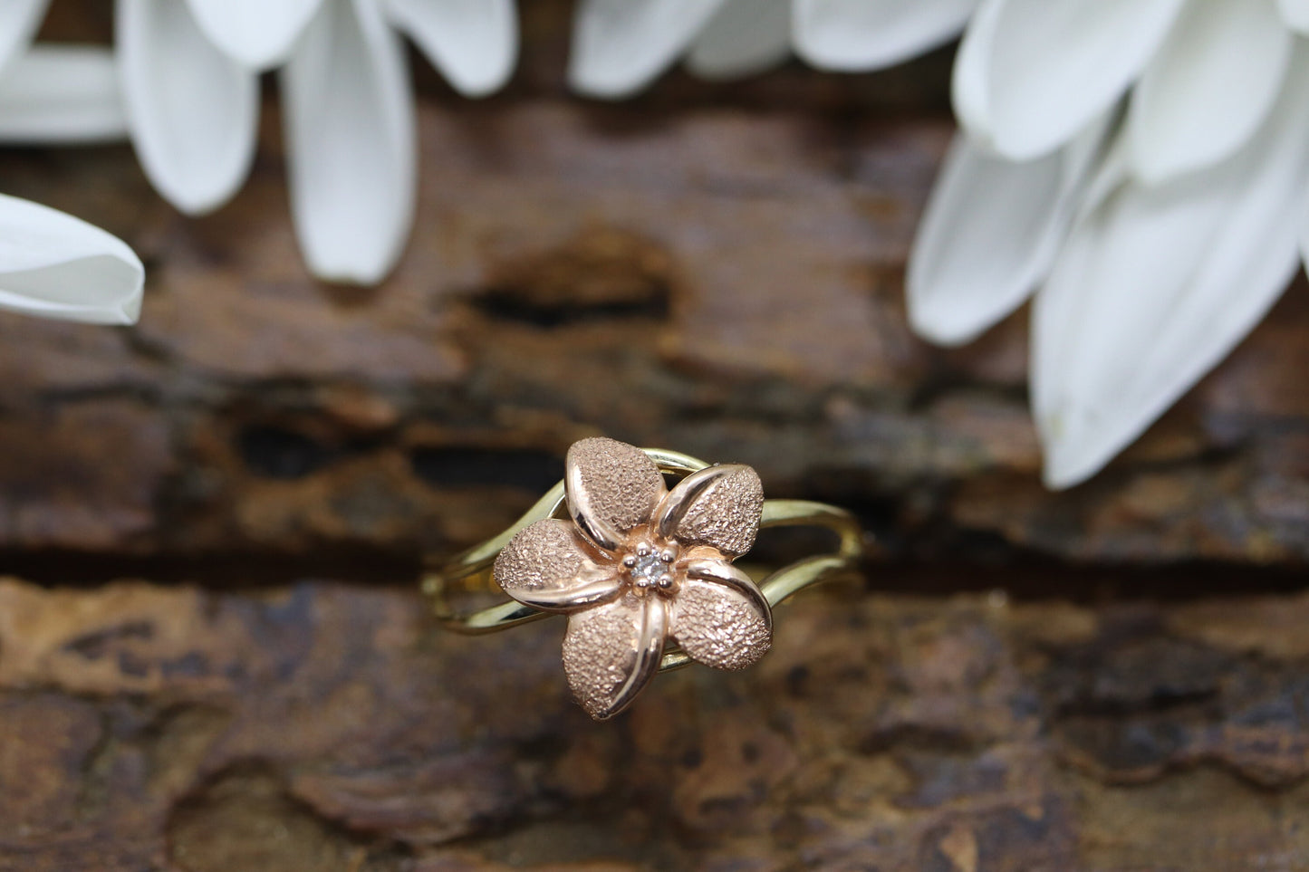 14k Flower Plumeria Diamond ring. Plumeria Ring 14k Rose Gold / Yellow Gold. Satin Textured. st48/87