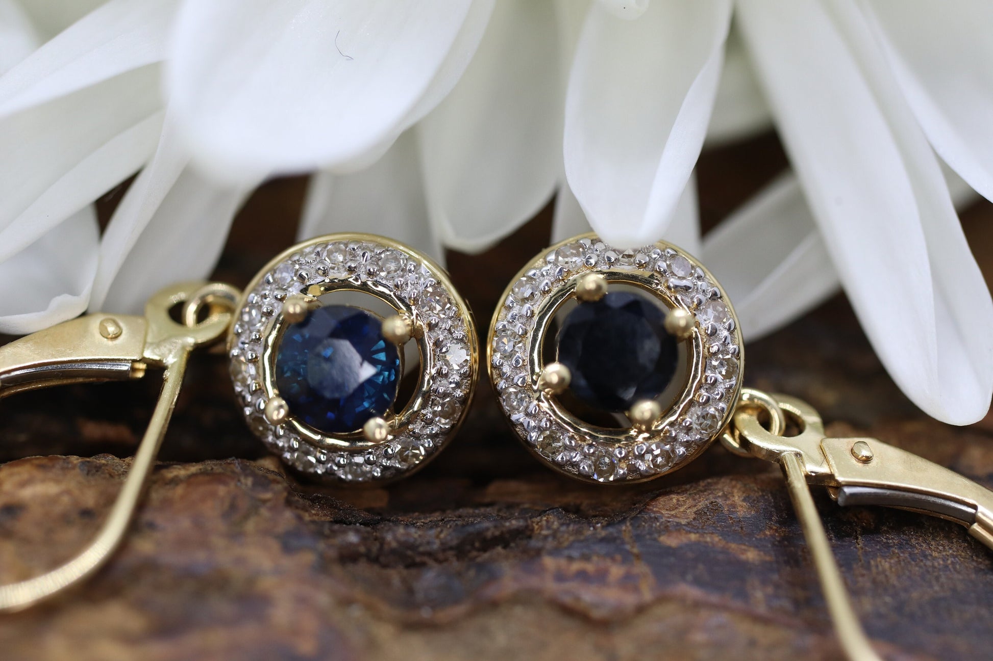 14k Sapphire and Diamond Halo Dangle Earrings. Sapphire Diamond Halo Earrings. st(51/75)