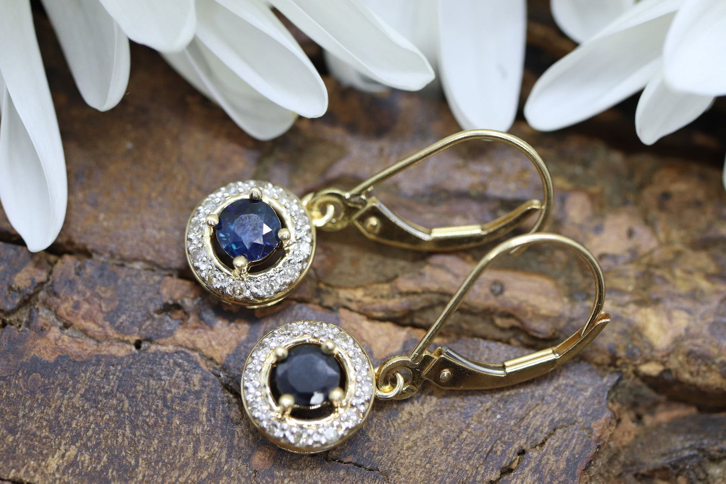 14k Sapphire and Diamond Halo Dangle Earrings. Sapphire Diamond Halo Earrings. st(51/75)