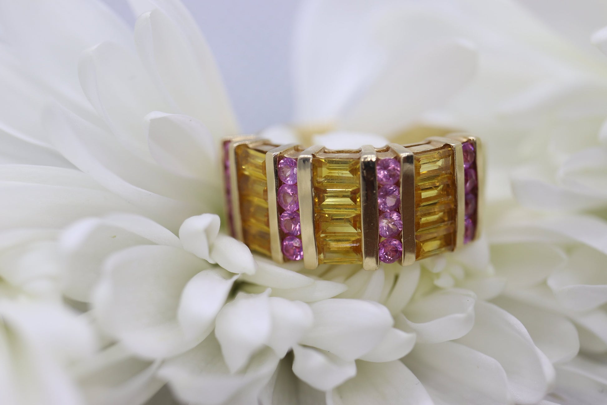 Pink & Yellow SAPPHIRE band. 14k Samuel Aaron Channel set round baguette sapphires. st(172/50)