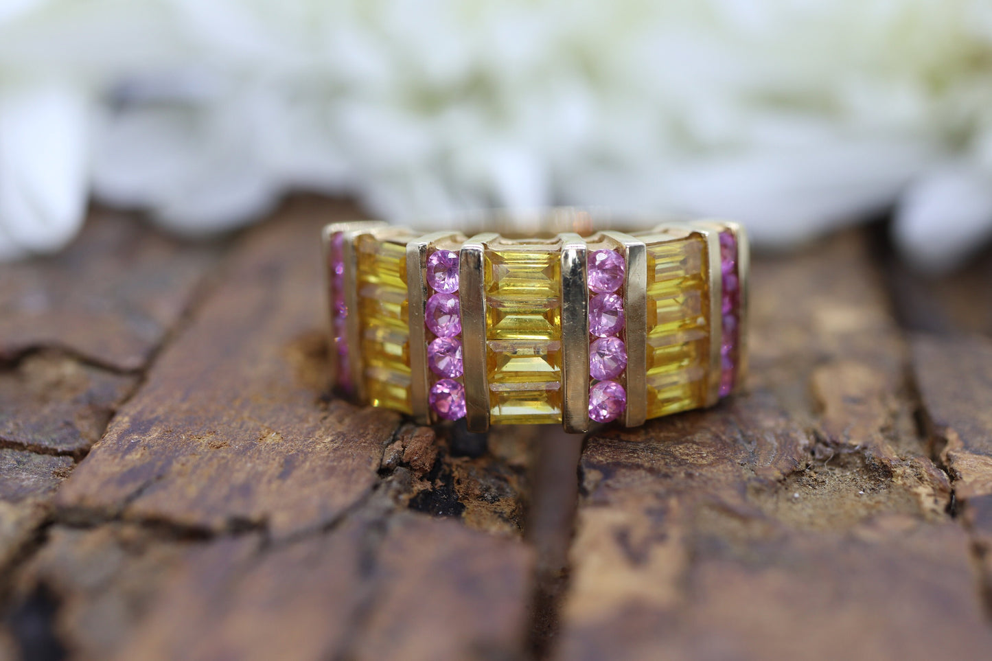 Pink & Yellow SAPPHIRE band. 14k Samuel Aaron Channel set round baguette sapphires. st(172/50)