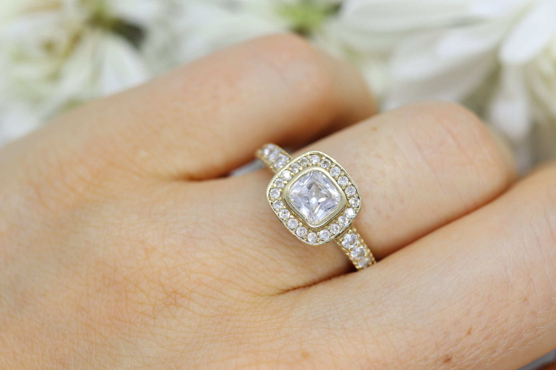 14k Bezel set Solitaire Ring.  Yellow Gold and CZ wide Halo ring st(115/11)