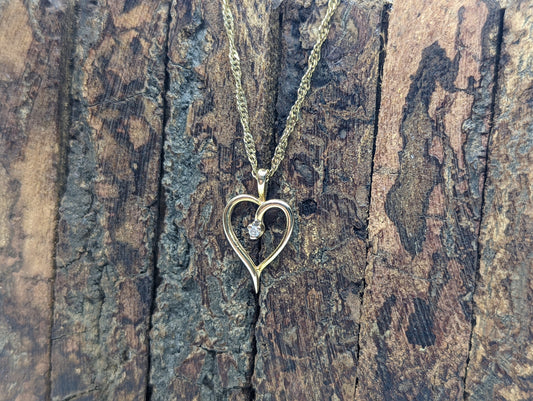 14k Open Heart Gold Diamond  Pendant. Open heart diamond curb chain Necklace. stock80/50