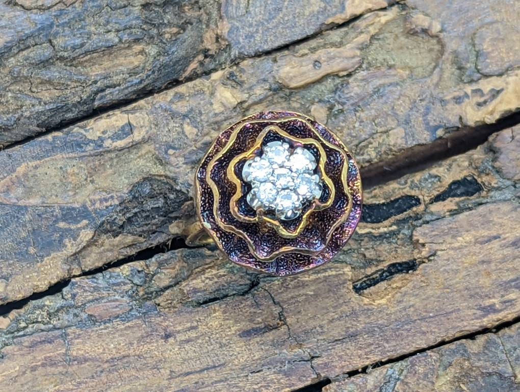 14k Diamond Daisy Flower Petal Ring. Heat bluing 14k Gold Rose Petal with diamonds statement ring. stock(3-56/50)