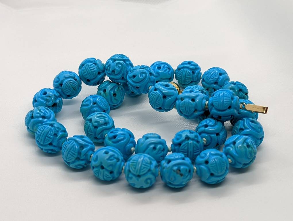 Sleeping Beauty Turquoise Bead Necklace. Hand Carved 14mm Shou Dragon Beads. Sky Robin Egg Blue. Stock 57/50