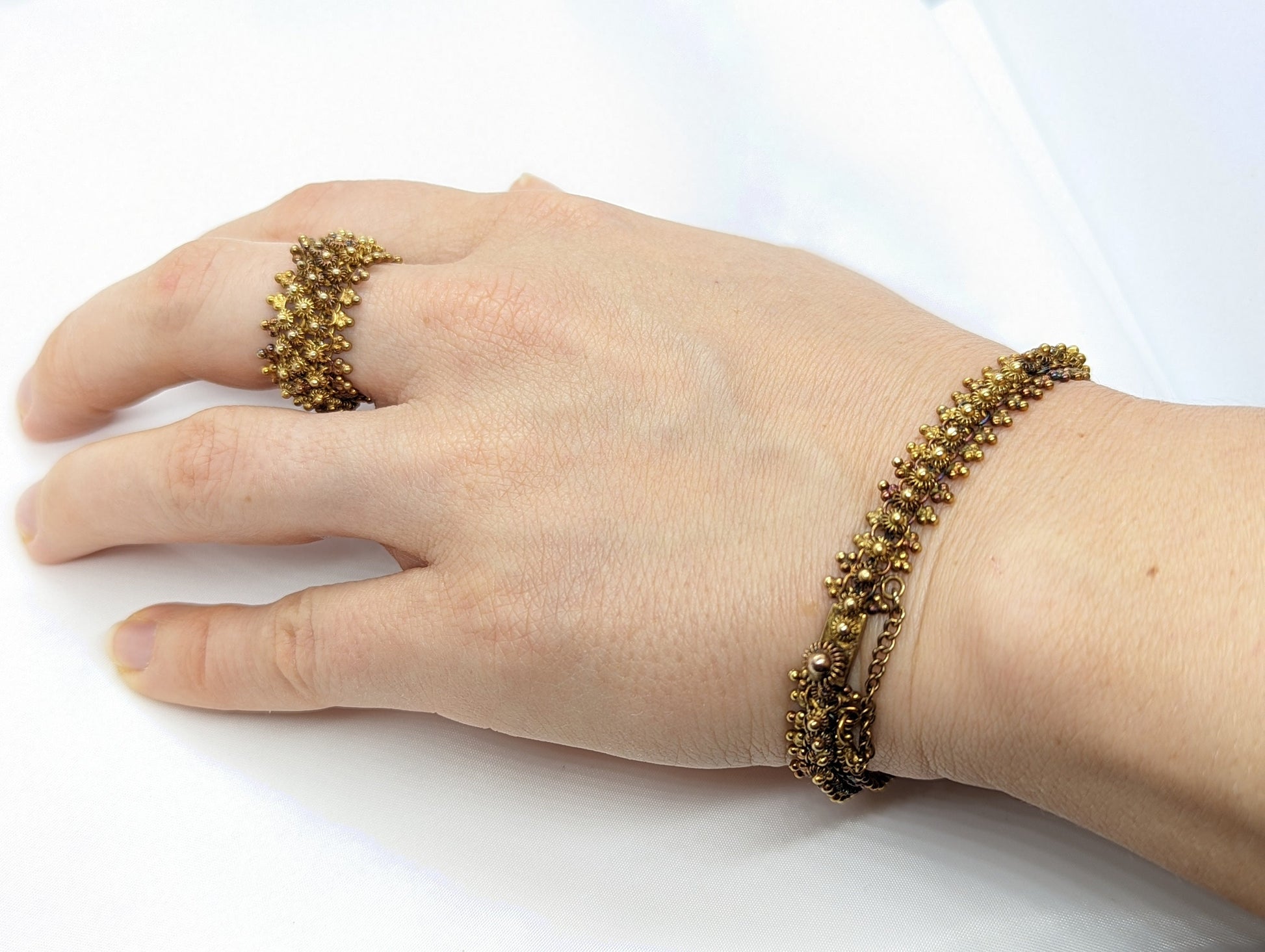 18k Gold BEAD mesh Bracelet and Ring. 18k Gold HandMade Indian Asian Thai crown bead jewelry. Dark Bluing. st(360/11)
