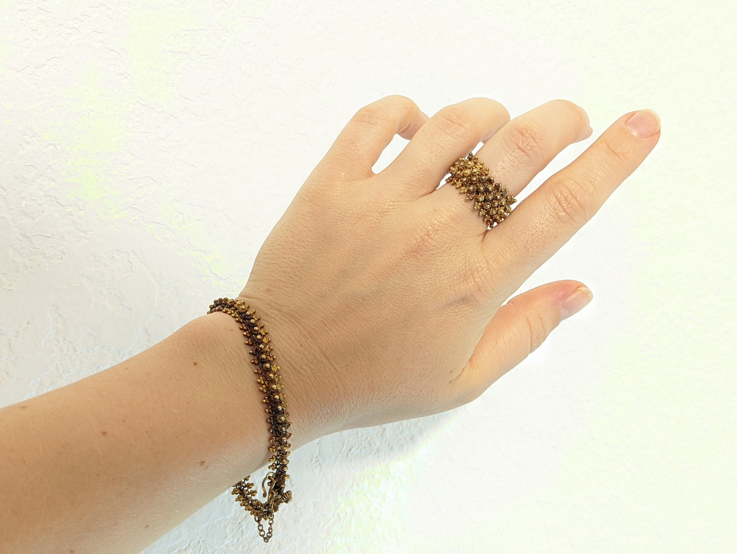 18k Gold BEAD mesh Bracelet and Ring. 18k Gold HandMade Indian Asian Thai crown bead jewelry. Dark Bluing. st(360/11)