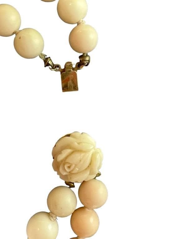 14k Coral Carved Angel Skin Salmon Bead Necklace. Two Strand Peach White Coral beads. st(240)