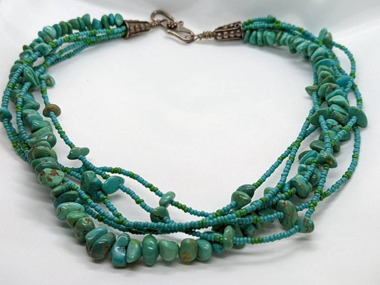 Polished Turquoise Necklace. Multi-strand Liquid polished turquoise Bulky bead necklace.Sterling Silver (st8/15)