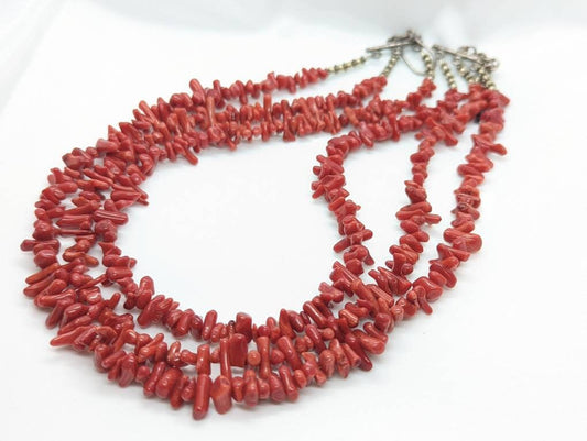 Coral Bead Necklace. Sterling Silver Three Strand RED Raw Coral beads. st(21/56)