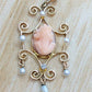 Antique Diamond Coral cameo pendant lavaliere. 10k Gold diamond buttercup Carved coral cameo pearl pendant for necklace.