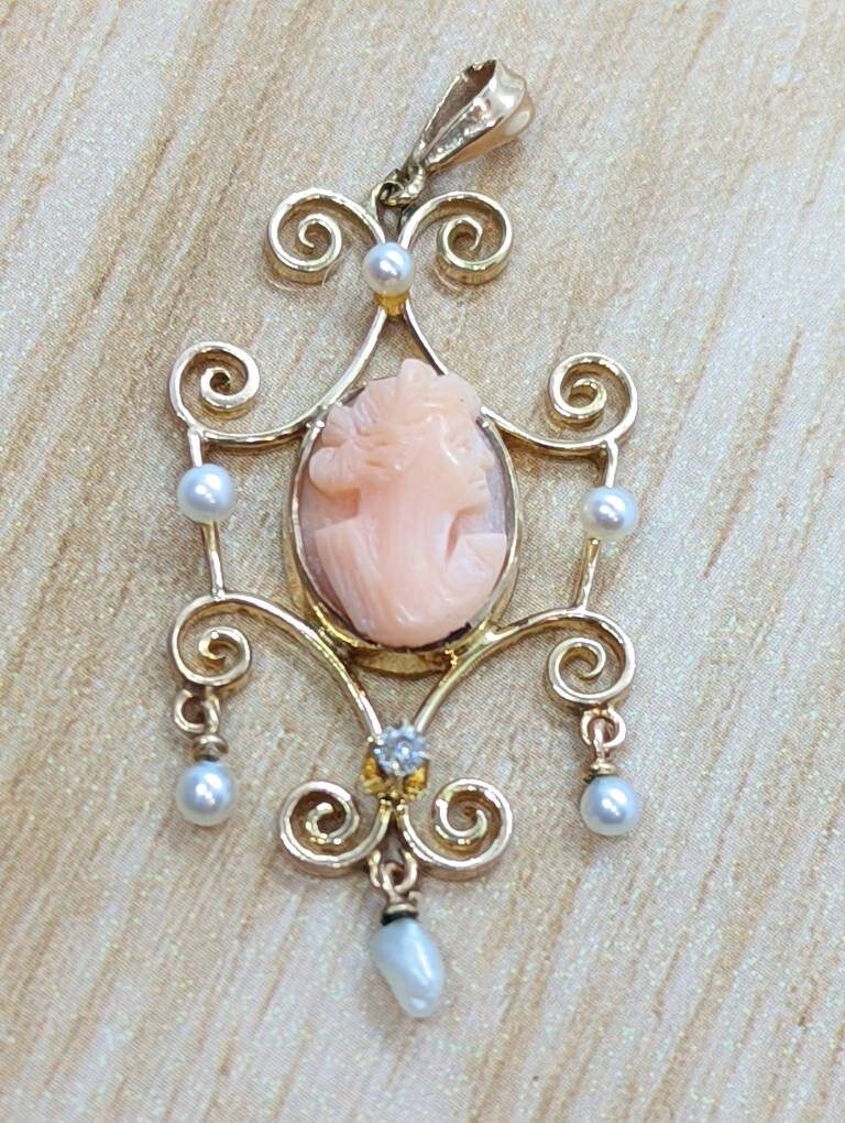 Antique Diamond Coral cameo pendant lavaliere. 10k Gold diamond buttercup Carved coral cameo pearl pendant for necklace.