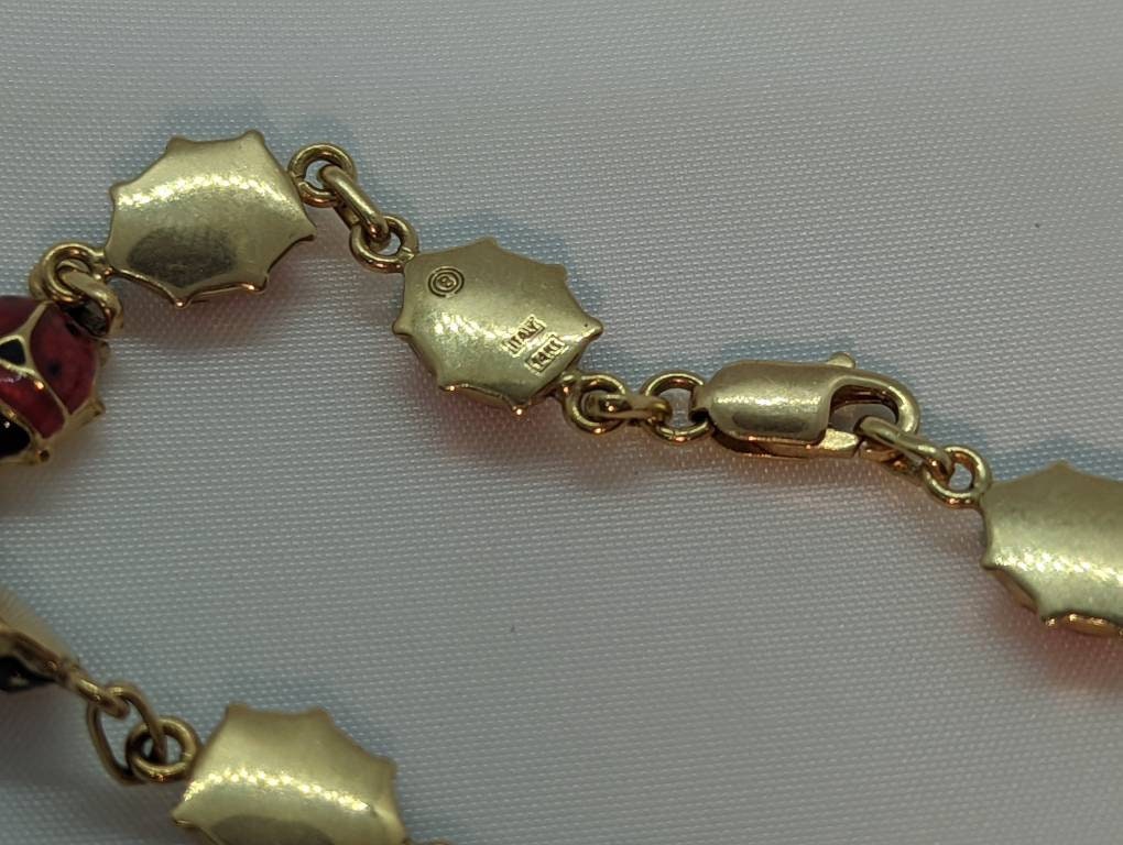 LADYBUG bracelet. 14k Yellow Gold Lady Bug Enamel Station Bracelet. 14k Yellow Gold Beetle bracelet. st(212/75)