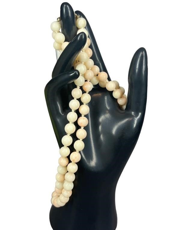 14k Coral Carved Angel Skin Salmon Bead Necklace. Two Strand Peach White Coral beads. st(240)