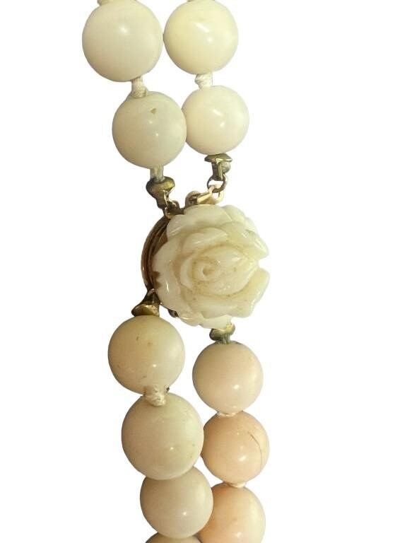 14k Coral Carved Angel Skin Salmon Bead Necklace. Two Strand Peach White Coral beads. st(240)