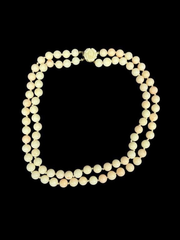 14k Coral Carved Angel Skin Salmon Bead Necklace. Two Strand Peach White Coral beads. st(240)