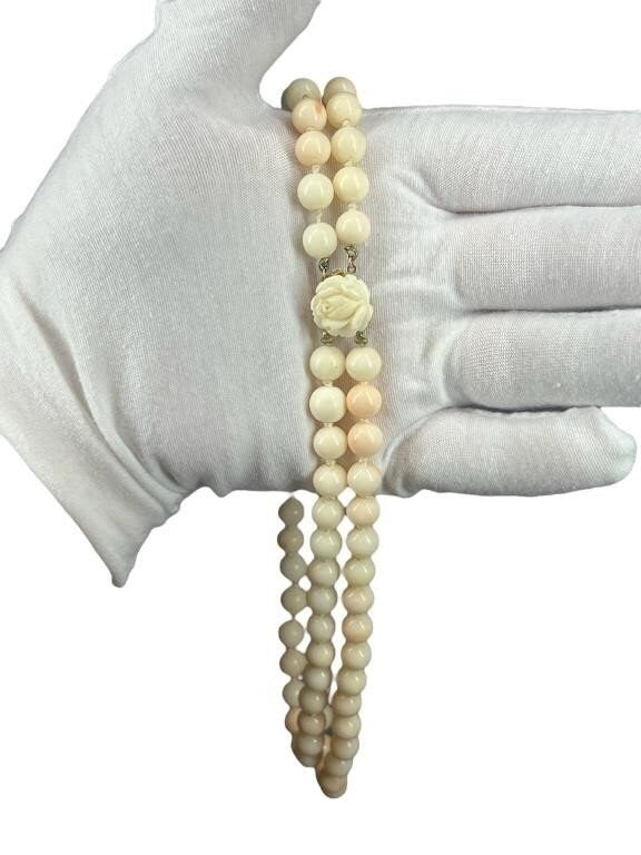 14k Coral Carved Angel Skin Salmon Bead Necklace. Two Strand Peach White Coral beads. st(240)