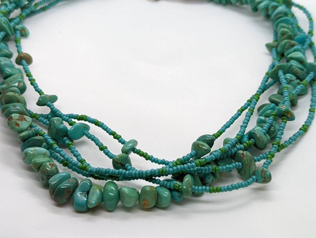 Polished Turquoise Necklace. Multi-strand Liquid polished turquoise Bulky bead necklace.Sterling Silver (st8/15)
