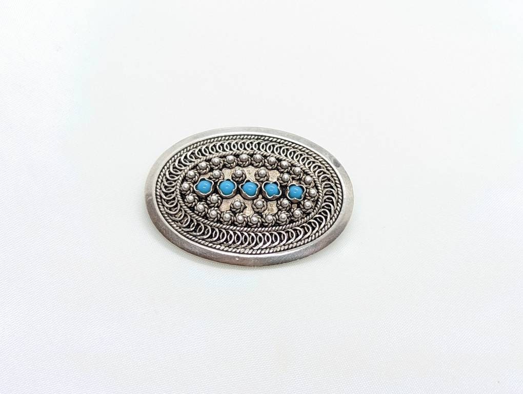 Vintage Sterling Silver Natural Turquoise brooch. Coil Handmade design.  st(21/56)