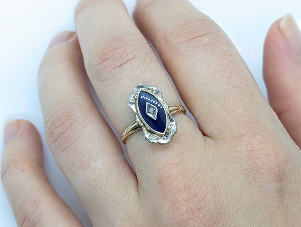 Antique 10k Blue Spinel Glass and diamond ring. Victorian mourning ring. Marquise Blue Spinel glass and diamond ring. st(88/33)