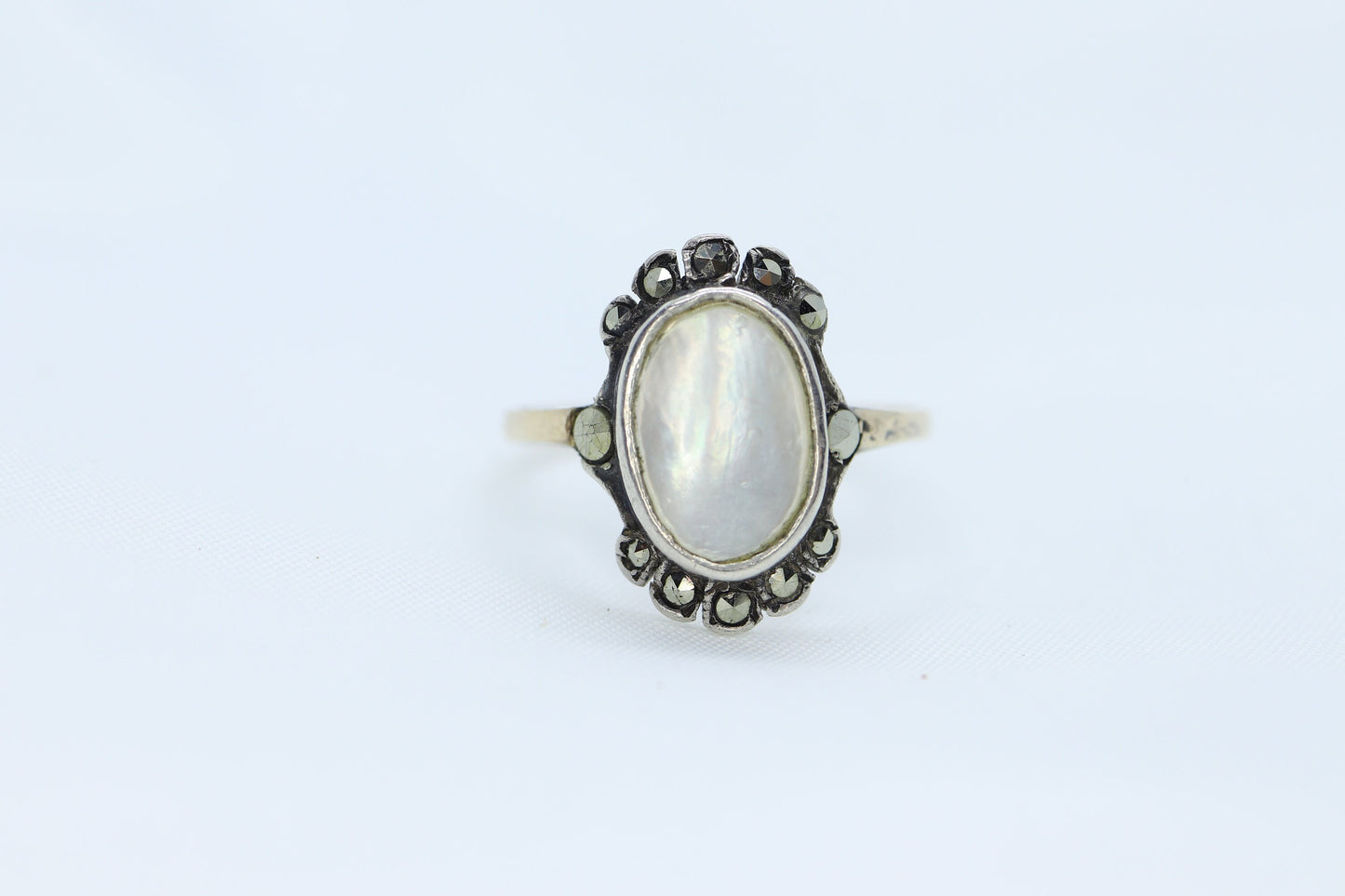 Victorian MOP Set ring. Antique 8k Gold and Sterling Silver with Mother of Pearl and Marcasite Halo ring. st(93)