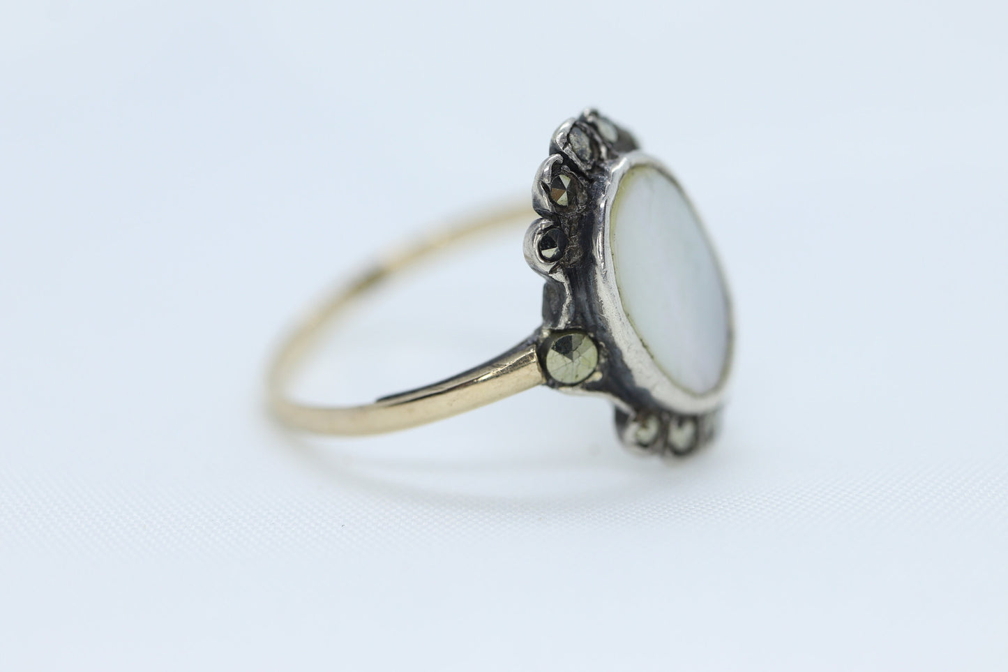 Victorian MOP Set ring. Antique 8k Gold and Sterling Silver with Mother of Pearl and Marcasite Halo ring. st(93)