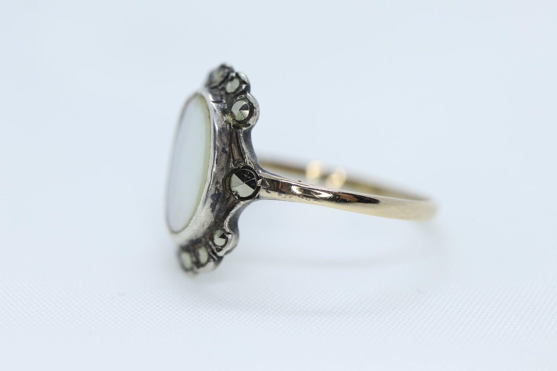 Victorian MOP Set ring. Antique 8k Gold and Sterling Silver with Mother of Pearl and Marcasite Halo ring. st(93)